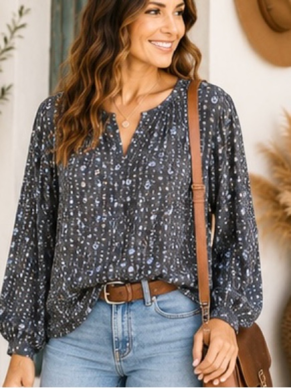 Stetson Black Floral Buttonless Peasant Blouse Size L Super Soft Boho Top